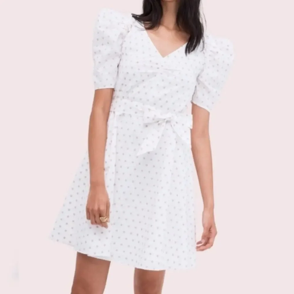 Kate Spade Puff Sleeve Polka Dot Mini Dress V Neck White Pink Tie Cotton Large